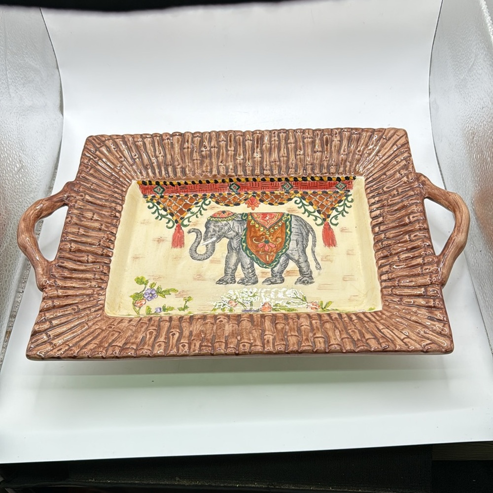 Raj Elephant Cream Brown Serving Platter Tray Ceramic Decor Collectible Plate